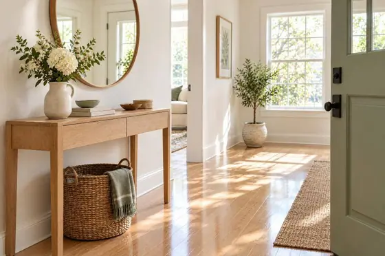 A tidy, sunlit entryway with a wooden console table and fresh flowers