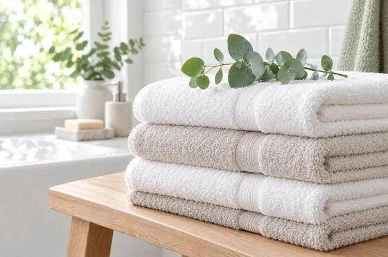 Neatly folded white and oatmeal towels on a wooden bench in a bright bathroom